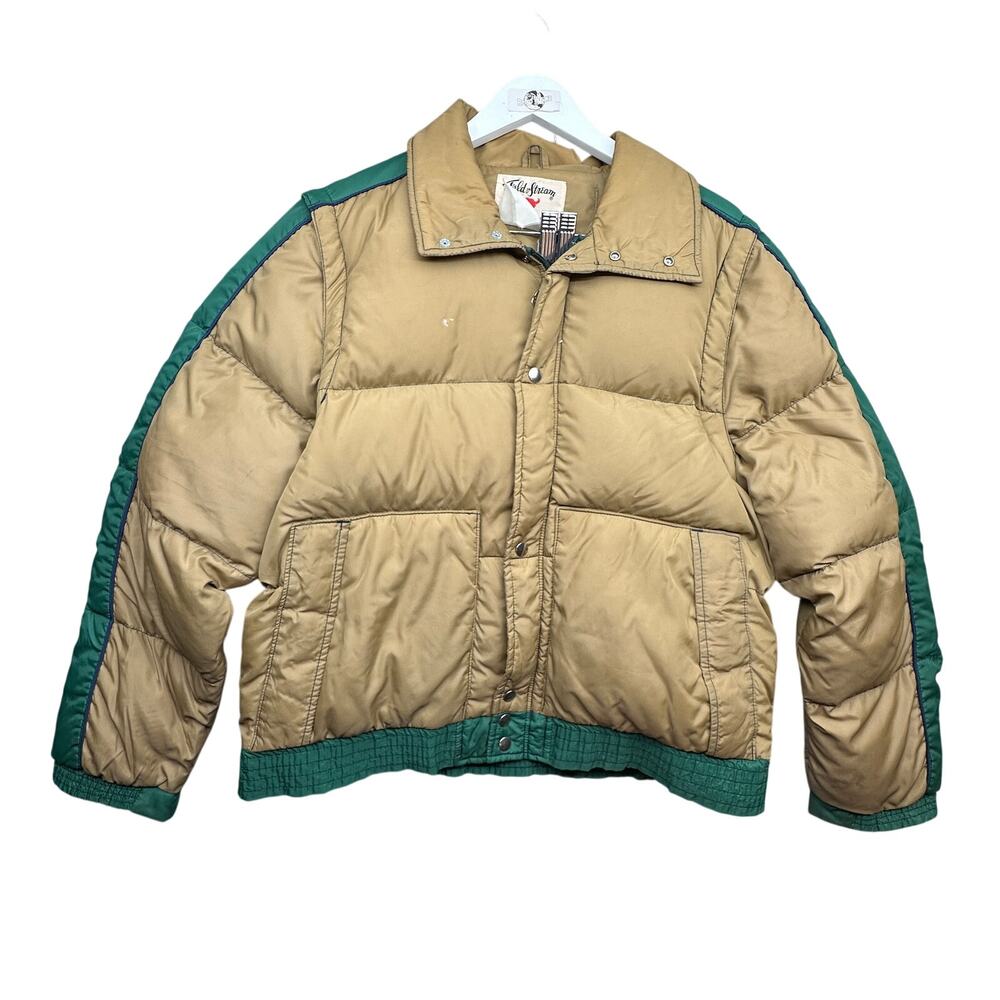 Vintage Field and Stream Western Down Puffer Quilt Jacket Mens Large Brown Green